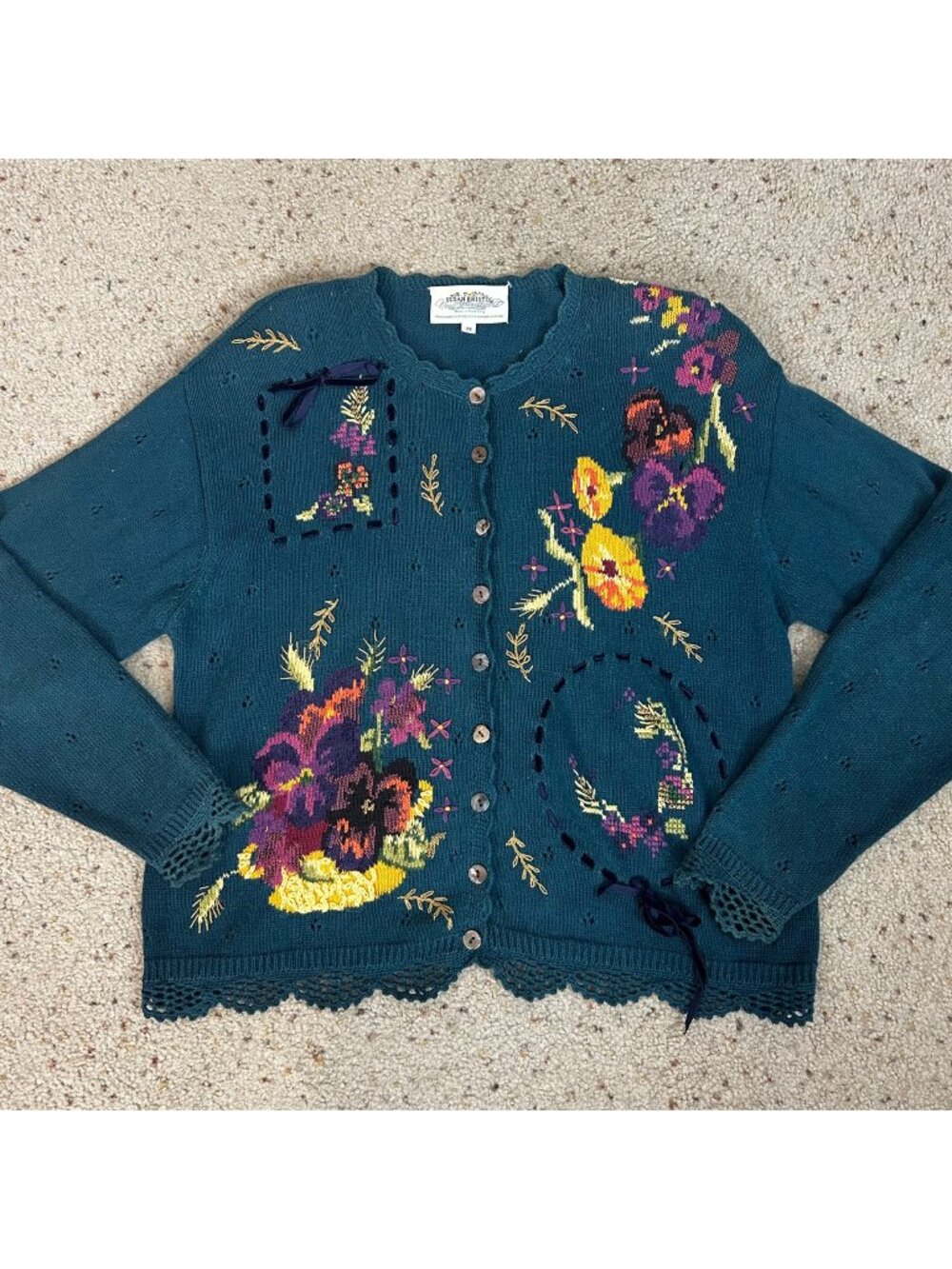Vintage Susan Bristol Cardigan Sweater Pointelle Floral Cottage Size Medium Wome